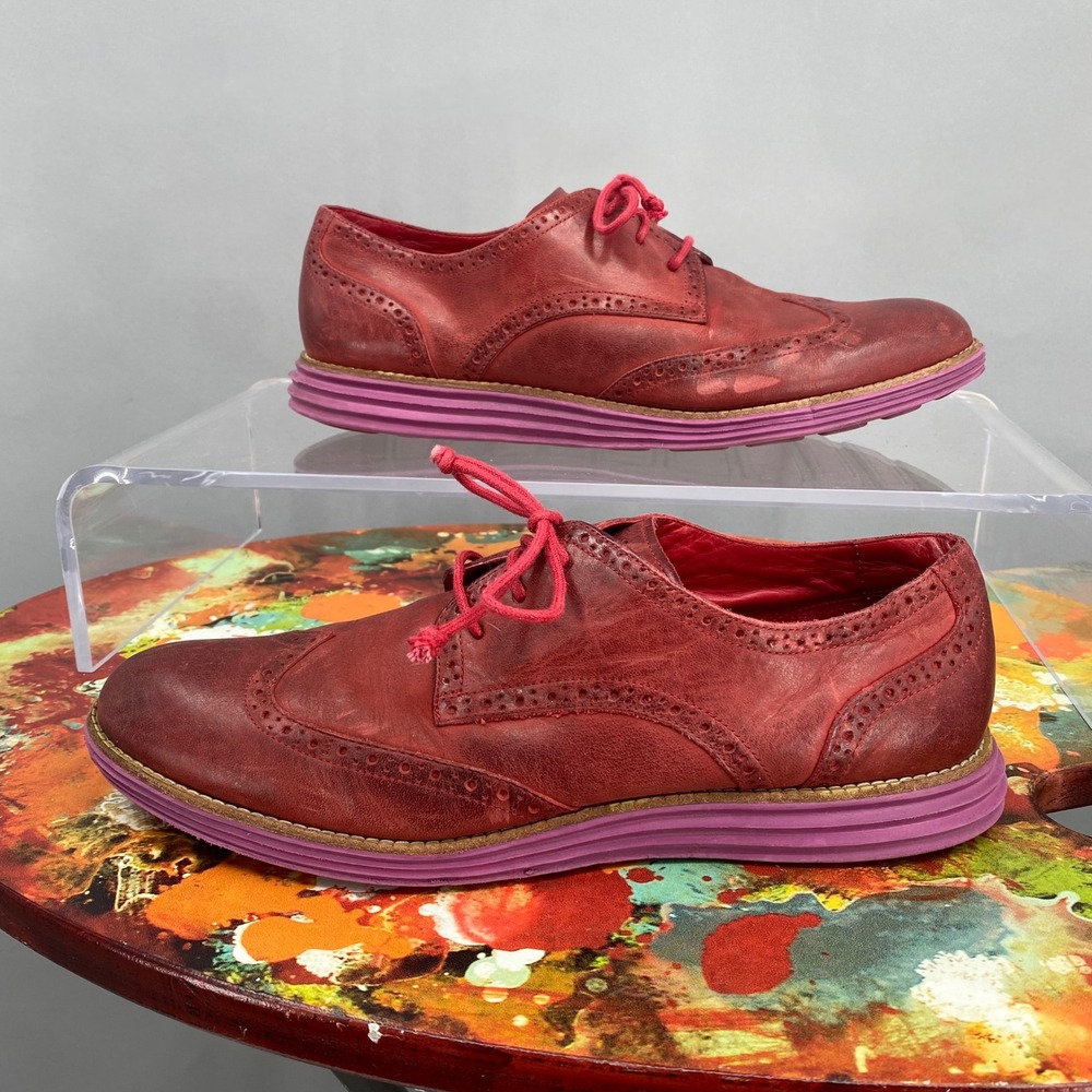 Cole Haan Lunargrand Red Leather Wingtip Oxford Shoes Purple Sole Womens 10